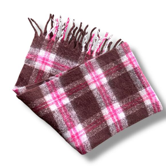 Anthropology Fringe Trim Blanket Scarf Brown Pink Plaid 100% Recycled Polyester - Picture 6 of 9